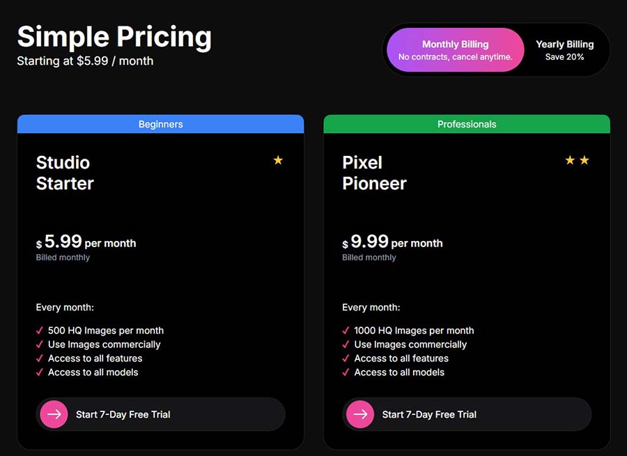 Artspace AI monthly pricing plans lower tiers