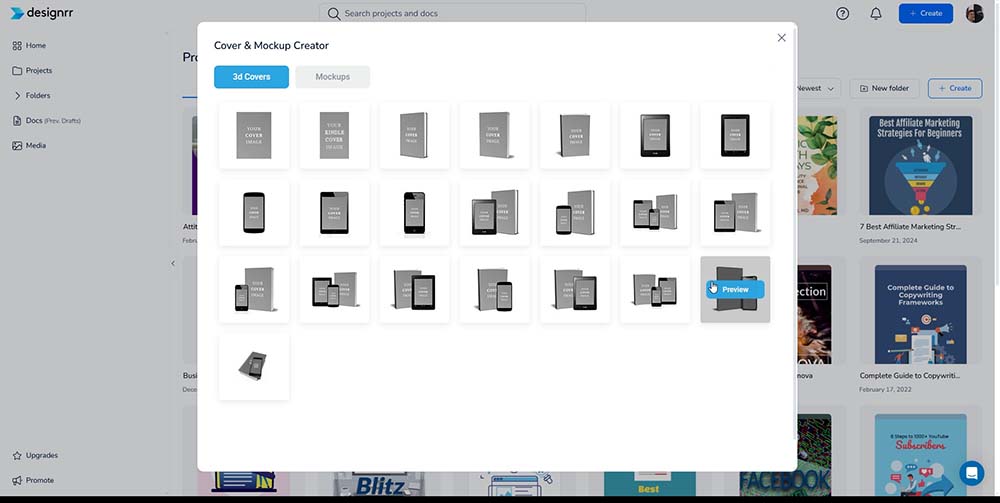 Designrr dashboard showing ebook cover mockup generator
