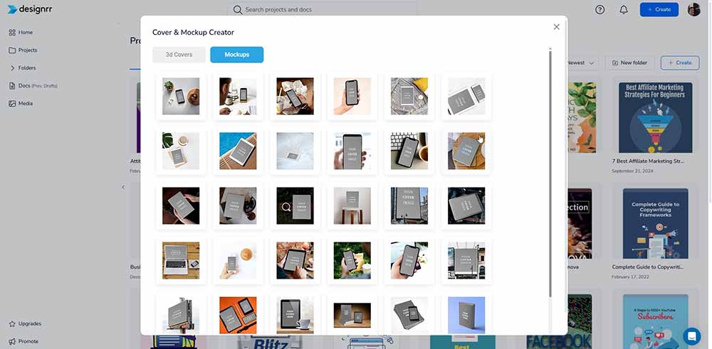 Designrr dashboard showing photographic ebook covers generated by designrr