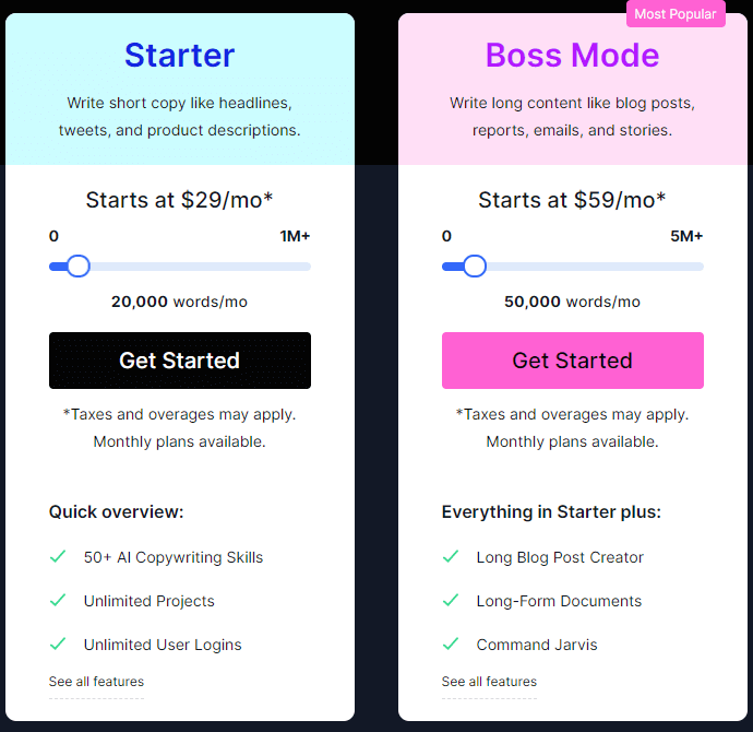 Jarvis AI pricing 2022
