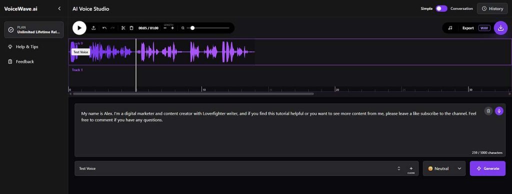 Text-to-Speech-AI-Voice-Generator-VoiceWave-ai Dashboard