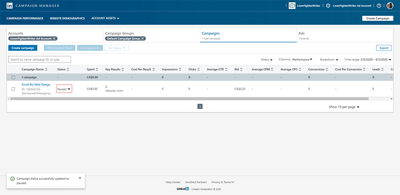how to advertise on linkedin ad paused