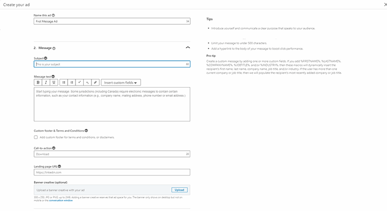 how to advertise on linkedin compose a message ad