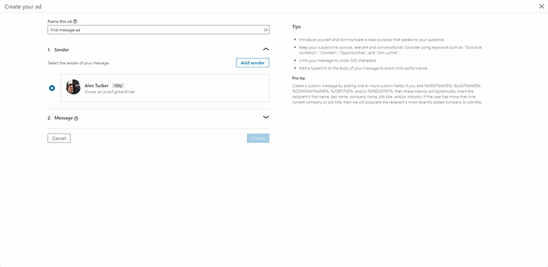 how to create a linkedin message ad