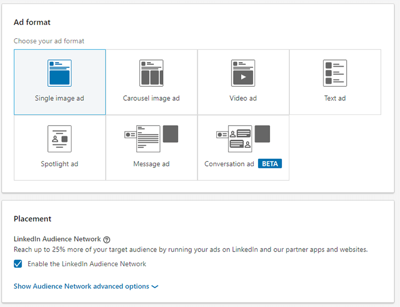linkedin ad format and placement