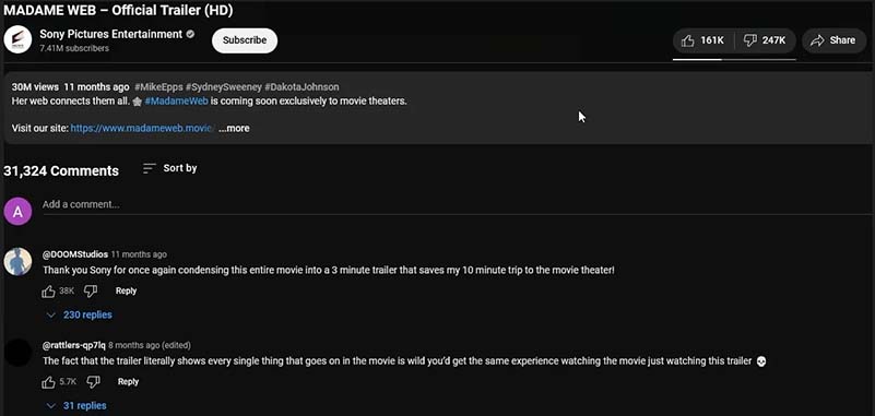 madame web youtube trailer comments